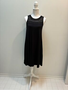 LOFT Black Sleeveless Crochet-Yoke Mini Dress